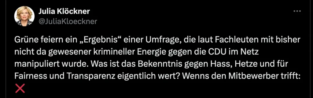 Kritik an Grünen-Umfrage von Julia Klöckner.